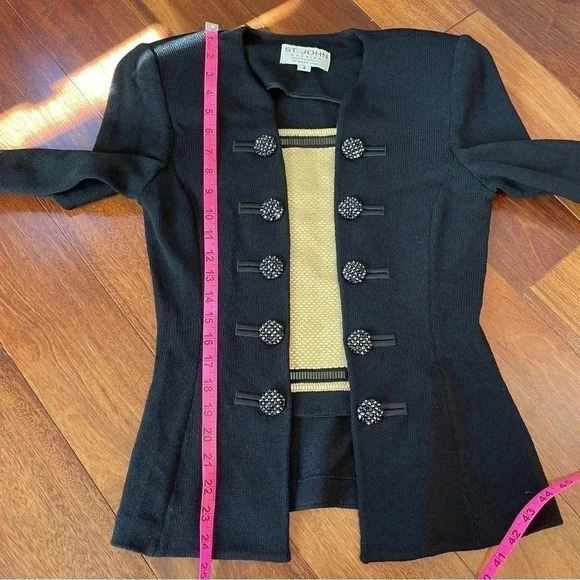 St. John Evening Marie Gray Jacket Blazer Jeweled Black Metallic Gold Shoulder - Picture 13 of 14